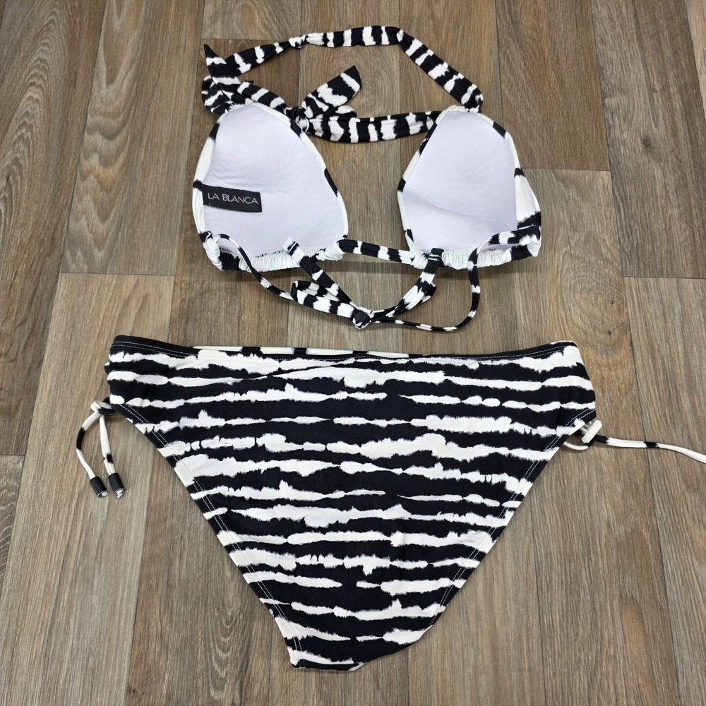 La Blanca Zebra Print Bikini Set Black White Halter Triangle Top Side Tie Bottom - Picture 7 of 13